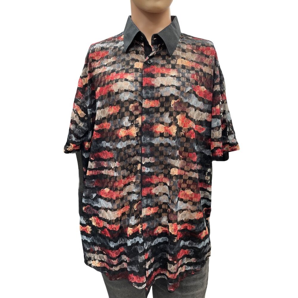 Sambuca Men Black Multi Color Semi Shear Button Down Size XL SKU 1206